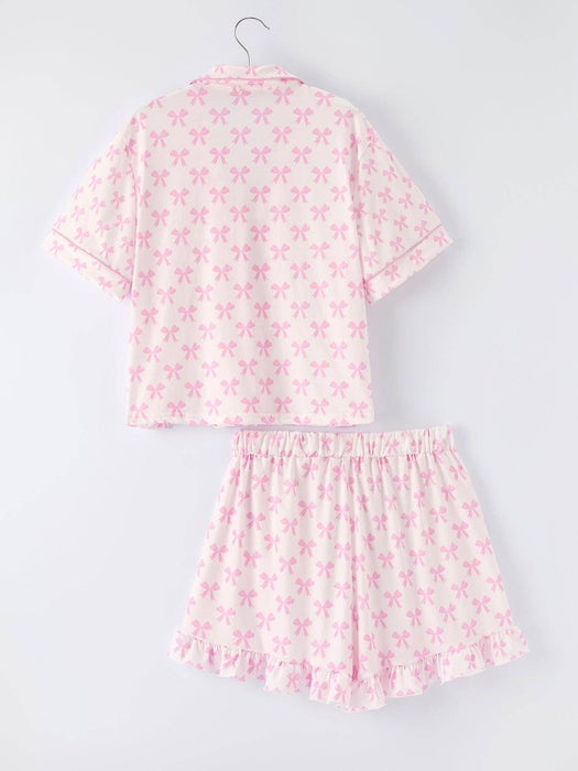 Rylee Faith Designs - Mommy & Me Pink Bow Print Ruffle Pajama Set: S / MOM