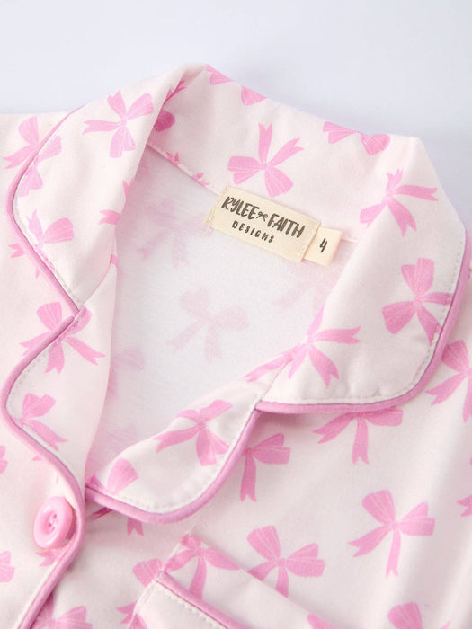 Rylee Faith Designs - Mommy & Me Pink Bow Print Ruffle Pajama Set: M / MOM