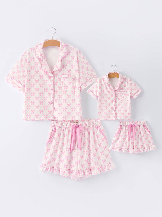 Rylee Faith Designs - Mommy & Me Pink Bow Print Ruffle Pajama Set: S / MOM