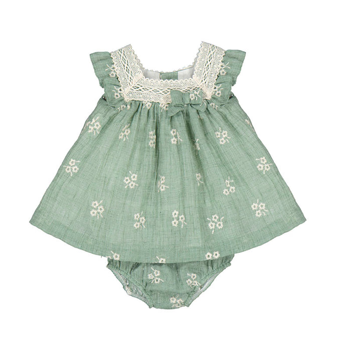 Mayoral Eucalyptus Green Embroidered Floral Dress w/ Matching Bloomers