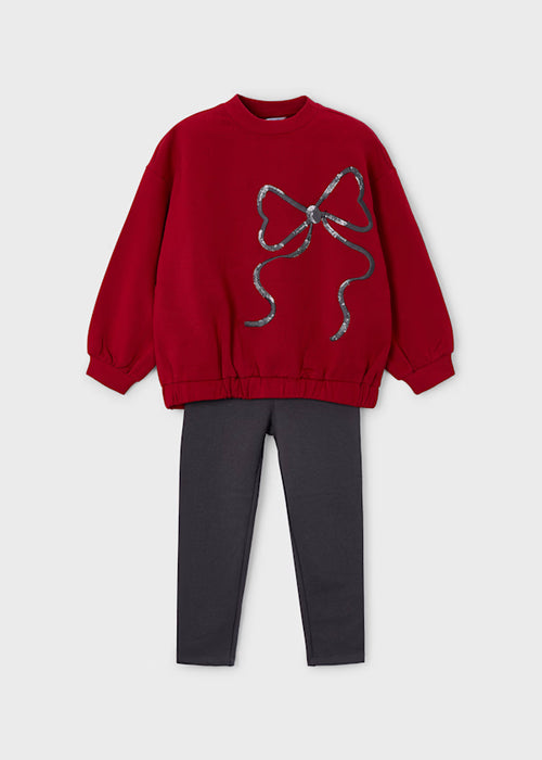 Red Sweater with Sequin Bow and Leggings Set