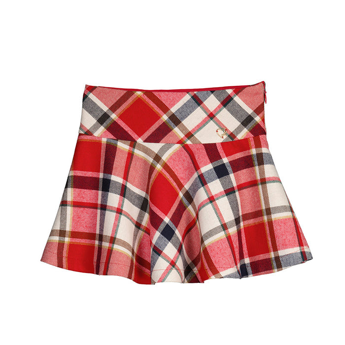 Red & Navy Plaid Skirt with Gold Accents