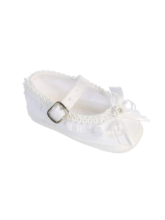 White Embellished Baby Baptism Shoe Ribbon & Mini Floral Applique