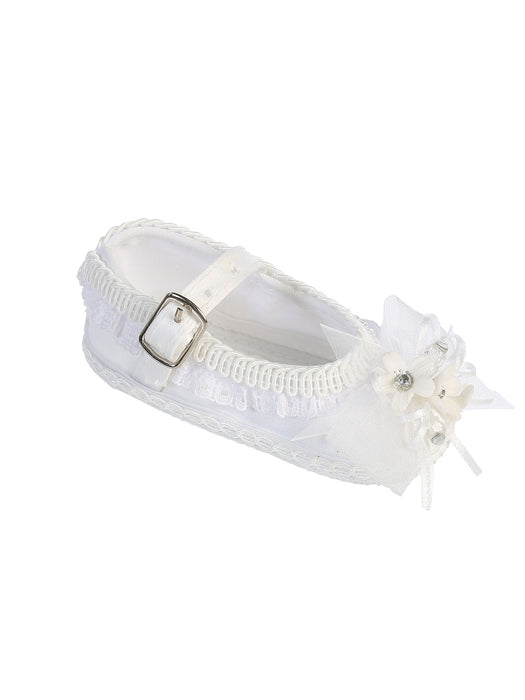 White Embellished Baby Baptism Shoe with Floral Applique