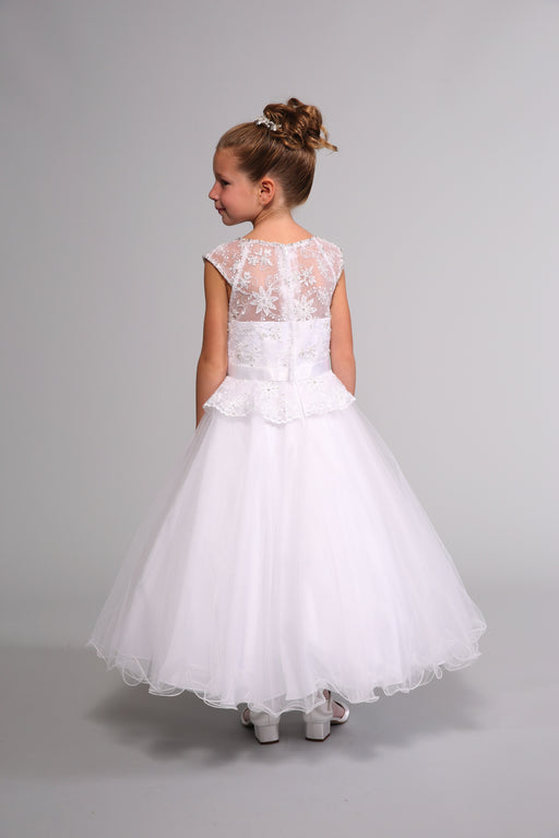 first holy communion gown with highwaisted rhinestone belt and teired skirt