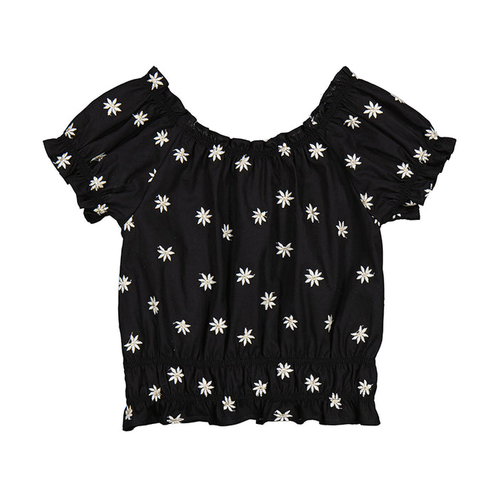 Black Ruffled Embroidered Daisy Peasant Top