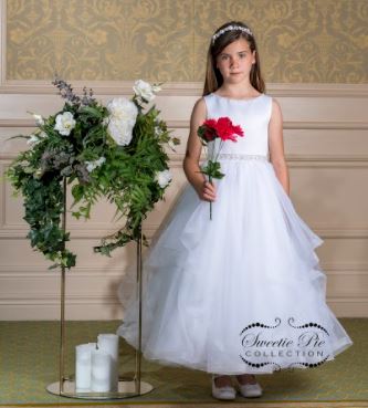 First Holy Communion gown sleeveless with flowing ruffle ribbon trim hem 