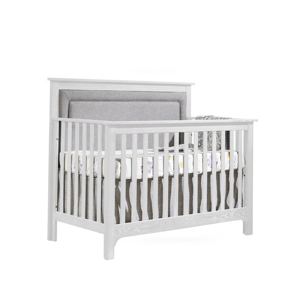 Nest Emerson Convertible Crib in White w/ Upholstered Panel in Fog