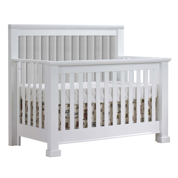 Natart Taylor Convertible Crib- White w/ Linen Gray Tufted Panel