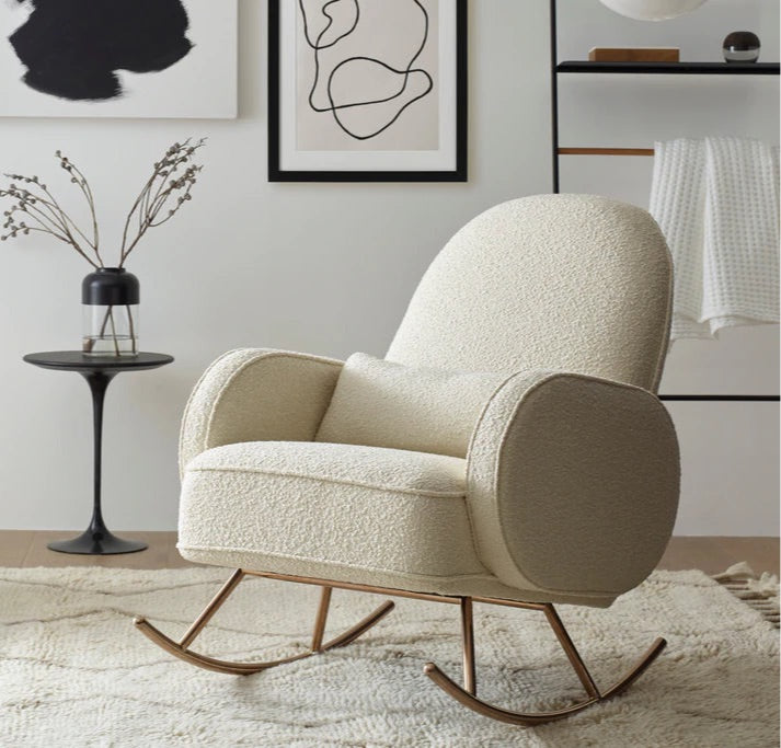 Nursery Works Compass Rocker in Ivory Boucle with Rose Gold Legs