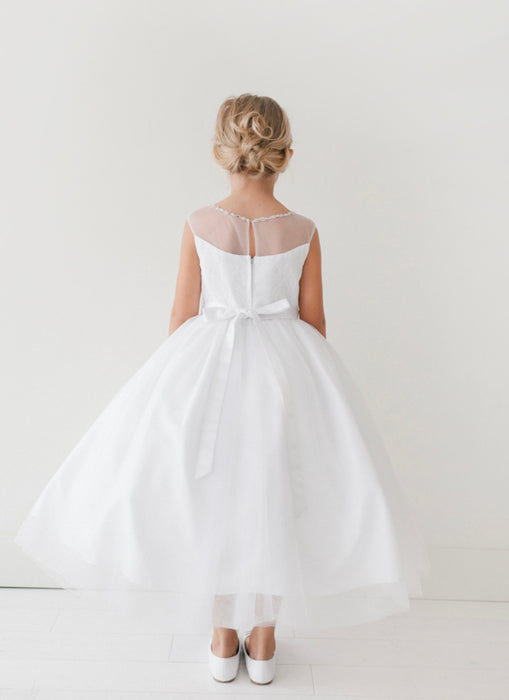Beautiful First Holy Communion gown with illusion neckline and rhinestoness