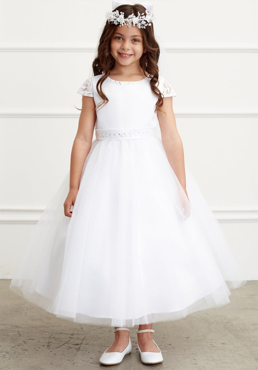 Tip Top Kids Little Girls White Cape Sleeve Pearl Waist Communion Dress 2-6
