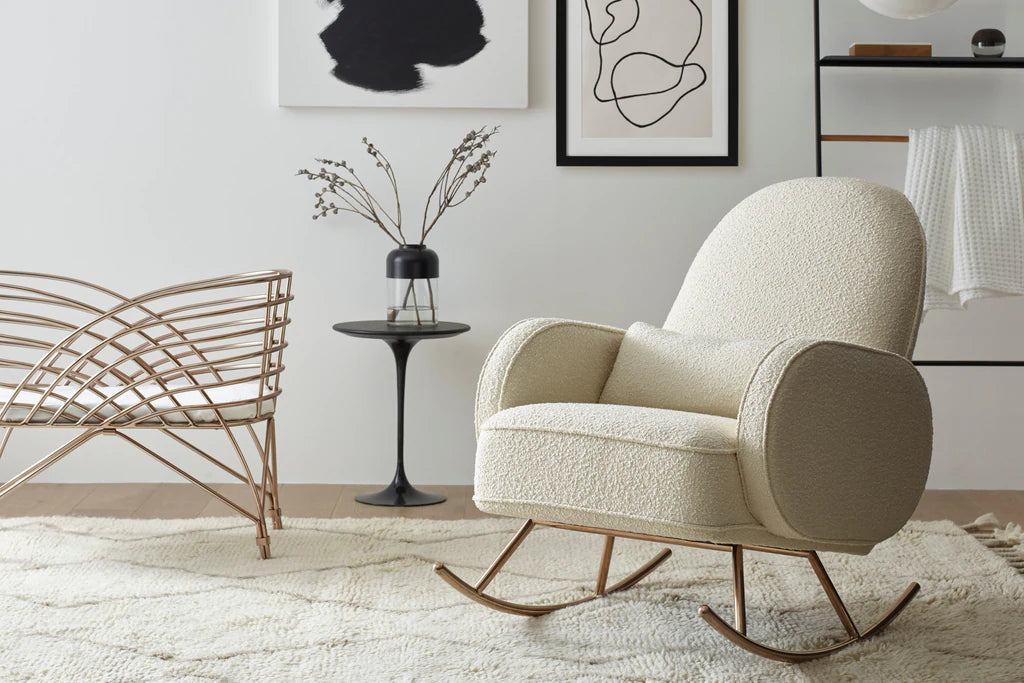 Nursery Works Compass Rocker in Ivory Boucle with Rose Gold Legs Hello Baby Kids