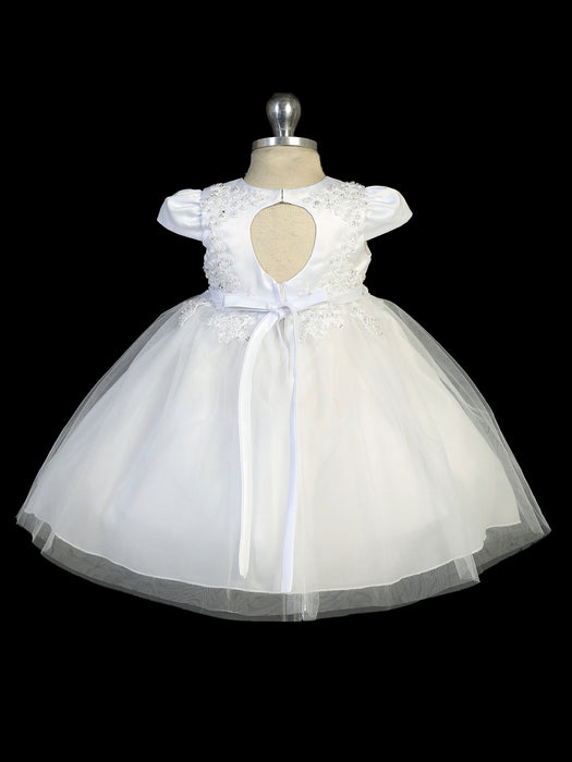 Baptism Dress with Rhinestones Lace Vest Overlay w/ Floral Trim