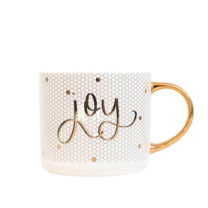 Sweet Water Decor Joy - Gold, White Tile Hand Lettered Coffee Mug - 17 oz
