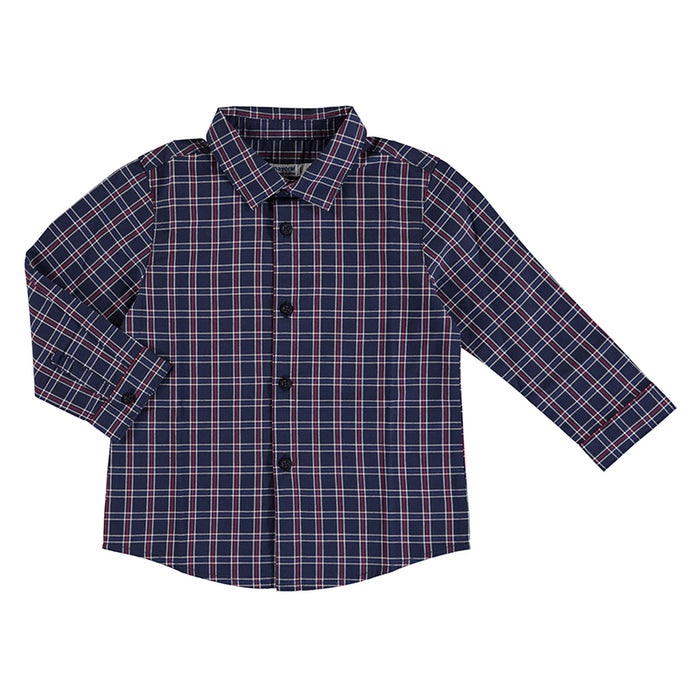 Navy Long- Sleeved Checkered Button-Down