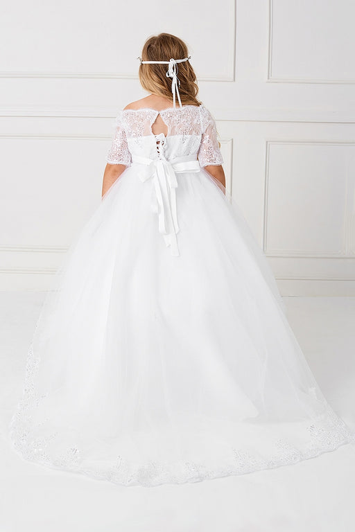 first holy communion dress features a lace peplum skirt with a long tail in the back